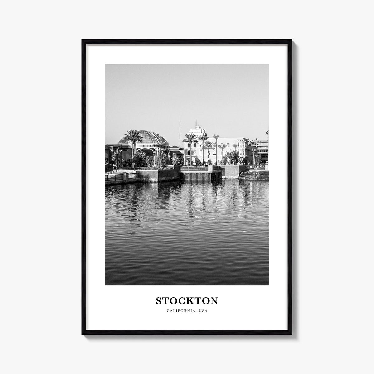 Stockton black & white classic poster of California, USA – vertical wall art, unframed print shown in interior mockup