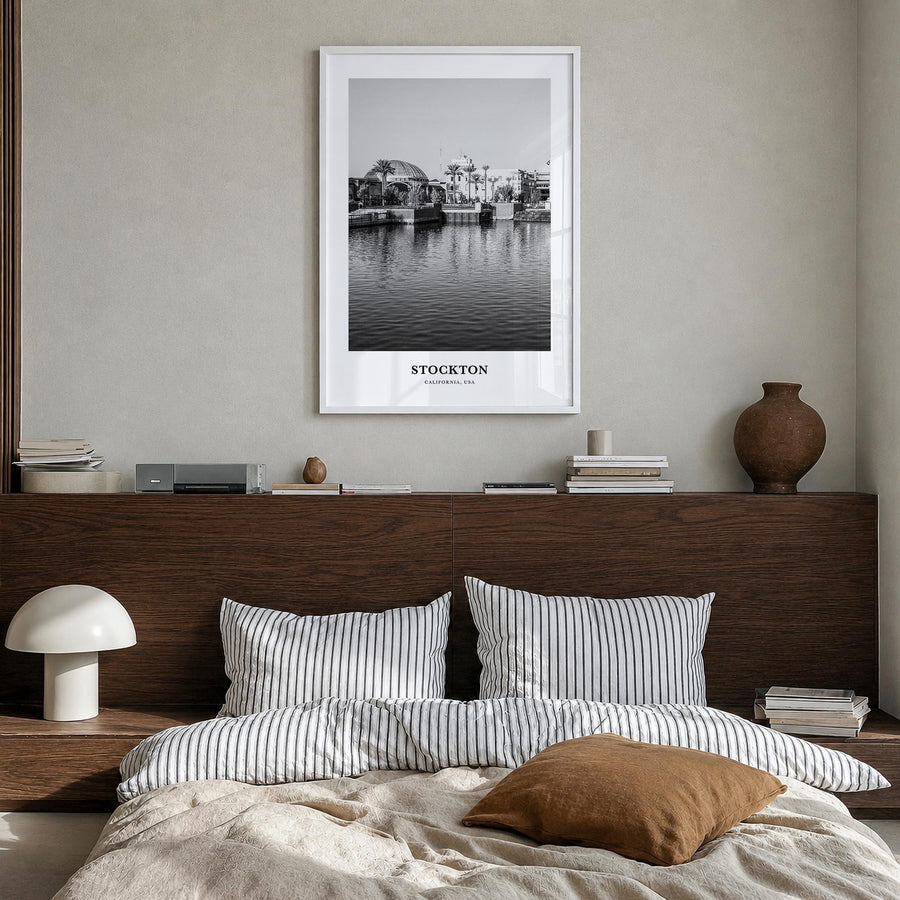 Stockton black & white classic poster of California, USA – vertical wall art in white wood frame, hanging on wall