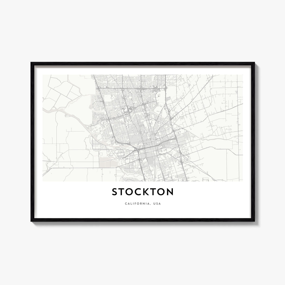 Stockton black & white map poster of California, USA – horizontal wall art, unframed print shown in interior mockup