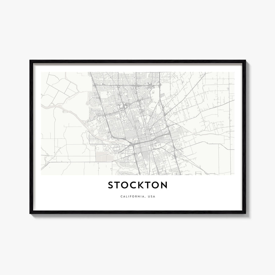 Stockton black & white map poster of California, USA – horizontal wall art, unframed print shown in interior mockup