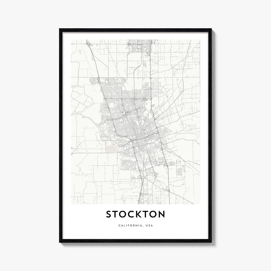 Stockton black & white map poster of California, USA – vertical wall art, unframed print shown in interior mockup