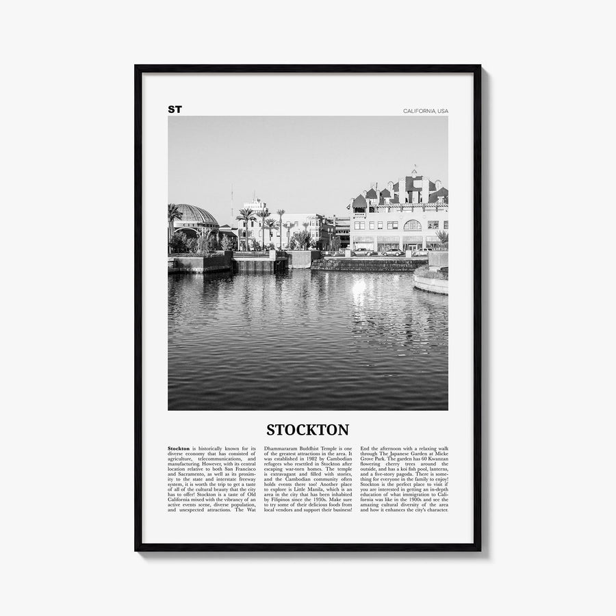 Stockton black & white newspaper poster of California, USA – vertical wall art, unframed print shown in interior mockup