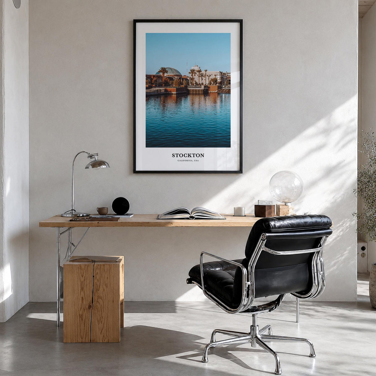 Stockton colorful classic poster of California, USA – vertical wall art in black wood frame, hanging on wall
