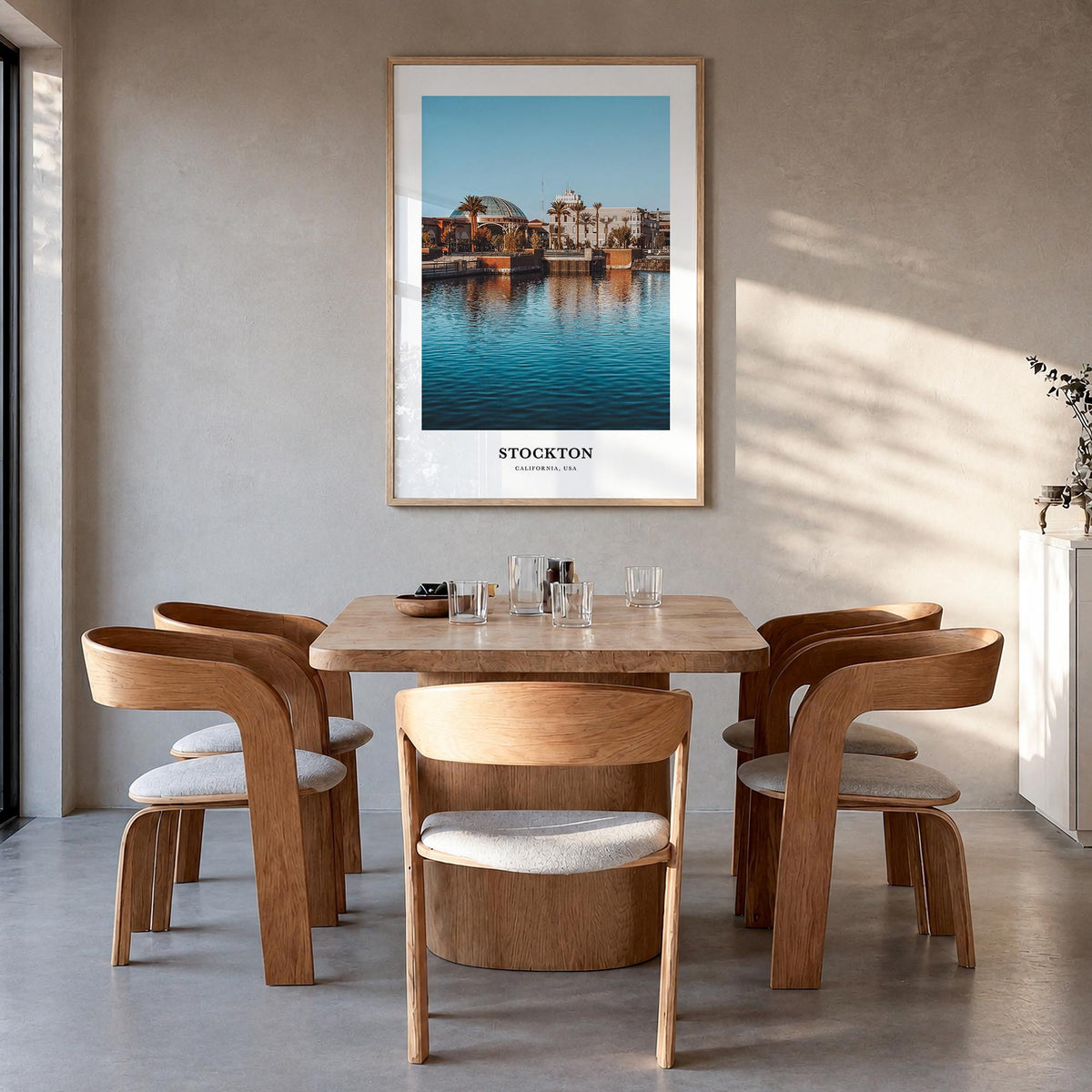 Stockton colorful classic poster of California, USA – vertical wall art in natural wood frame, hanging on wall
