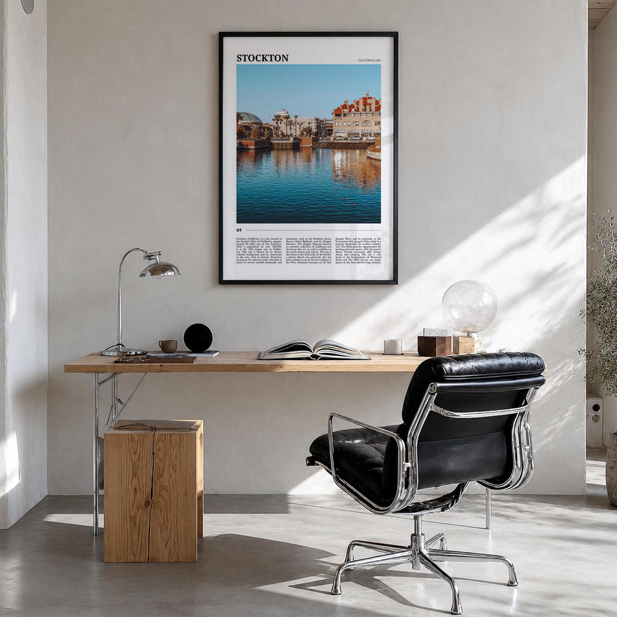 Stockton colorful travel poster of California, USA – vertical wall art in black wood frame, hanging on wall