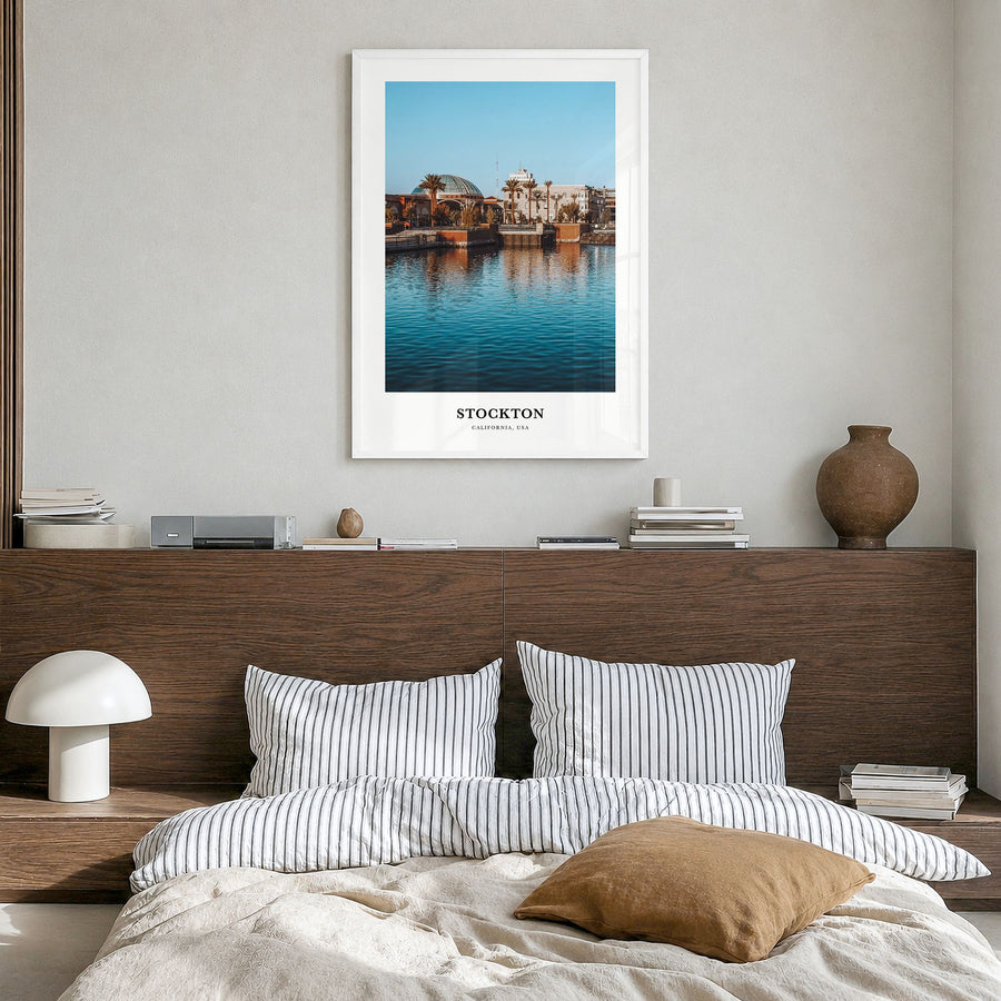 Stockton Classic Poster in a white wood frame, hanging in a bedroom