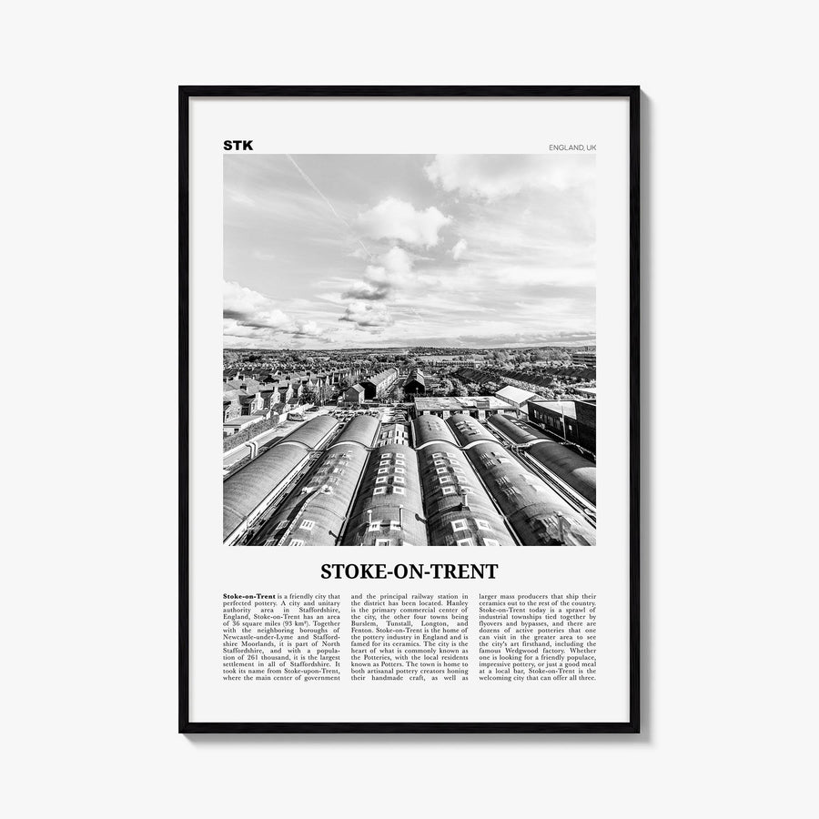 Stoke-on-Trent black & white newspaper poster of United Kingdom – vertical wall art, unframed print shown in interior mockup