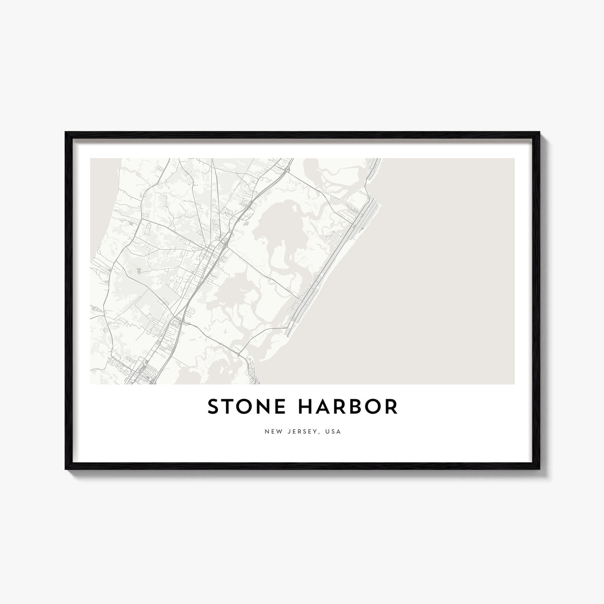 Stone Harbor black & white map poster of New Jersey, USA – horizontal wall art, unframed print shown in interior mockup