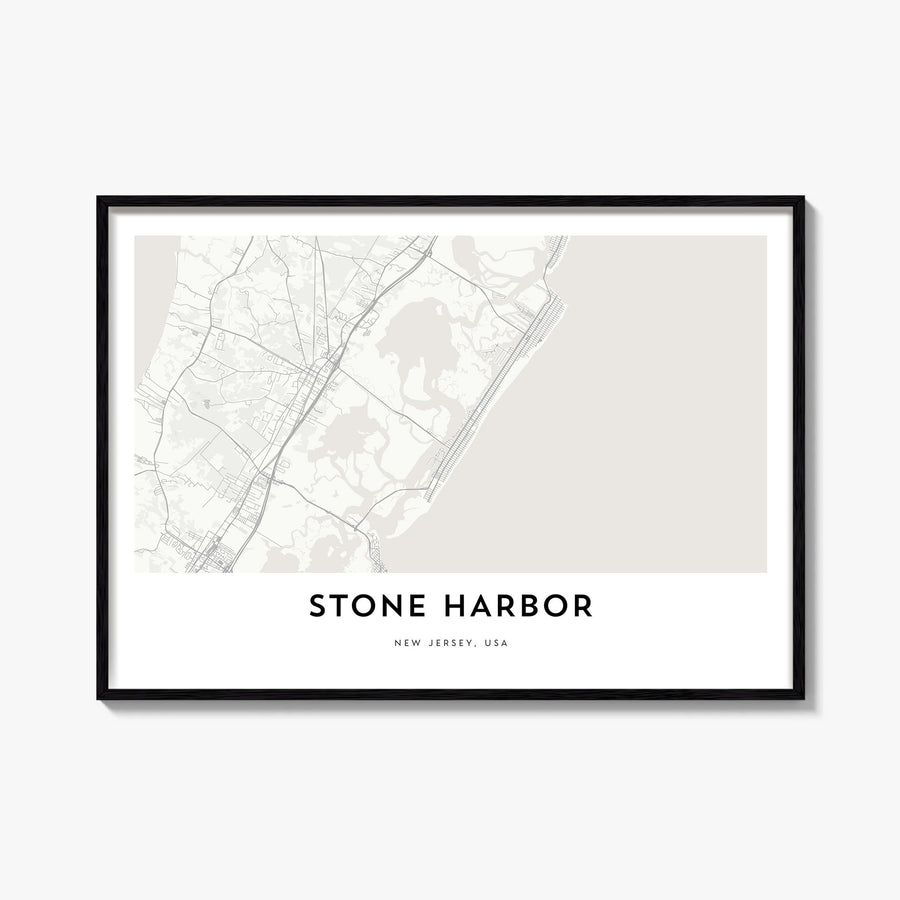 Stone Harbor black & white map poster of New Jersey, USA – horizontal wall art, unframed print shown in interior mockup