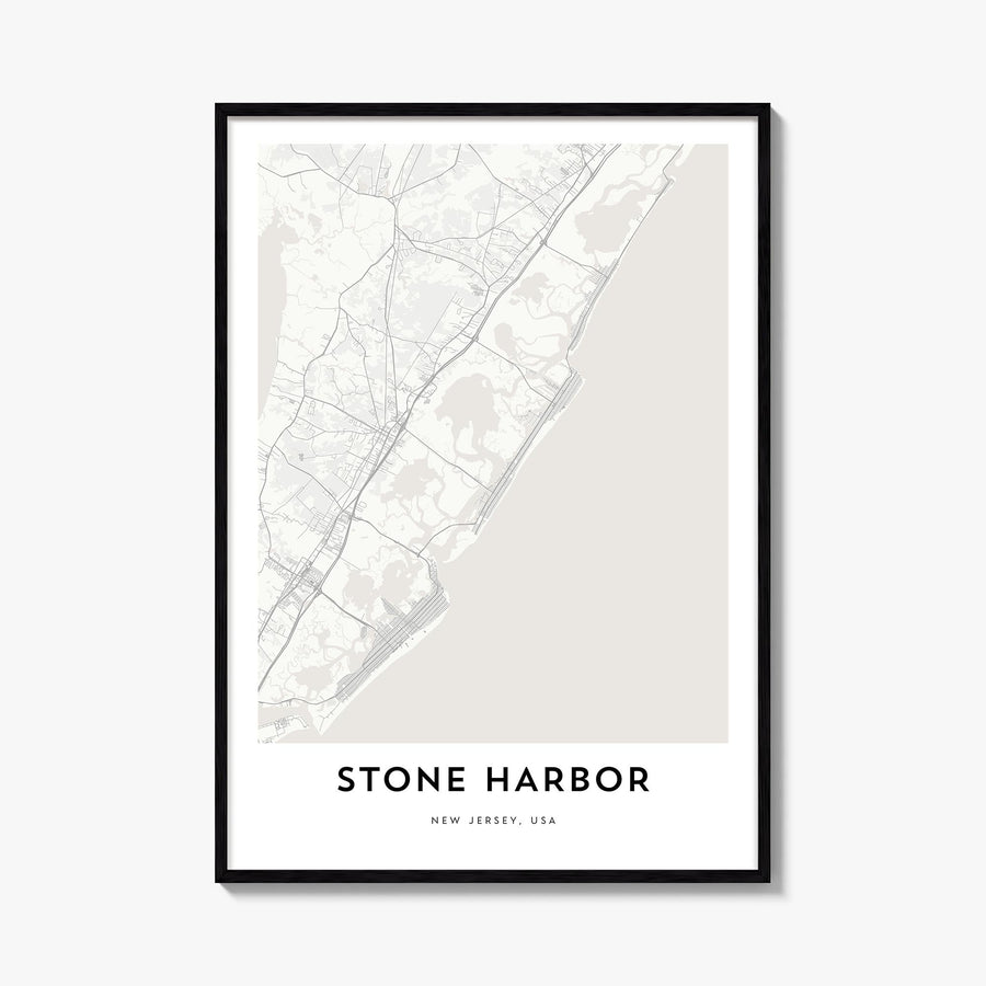 Stone Harbor black & white map poster of New Jersey, USA – vertical wall art, unframed print shown in interior mockup