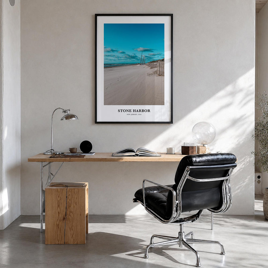 Stone Harbor colorful classic poster of New Jersey, USA – vertical wall art in black wood frame, hanging on wall