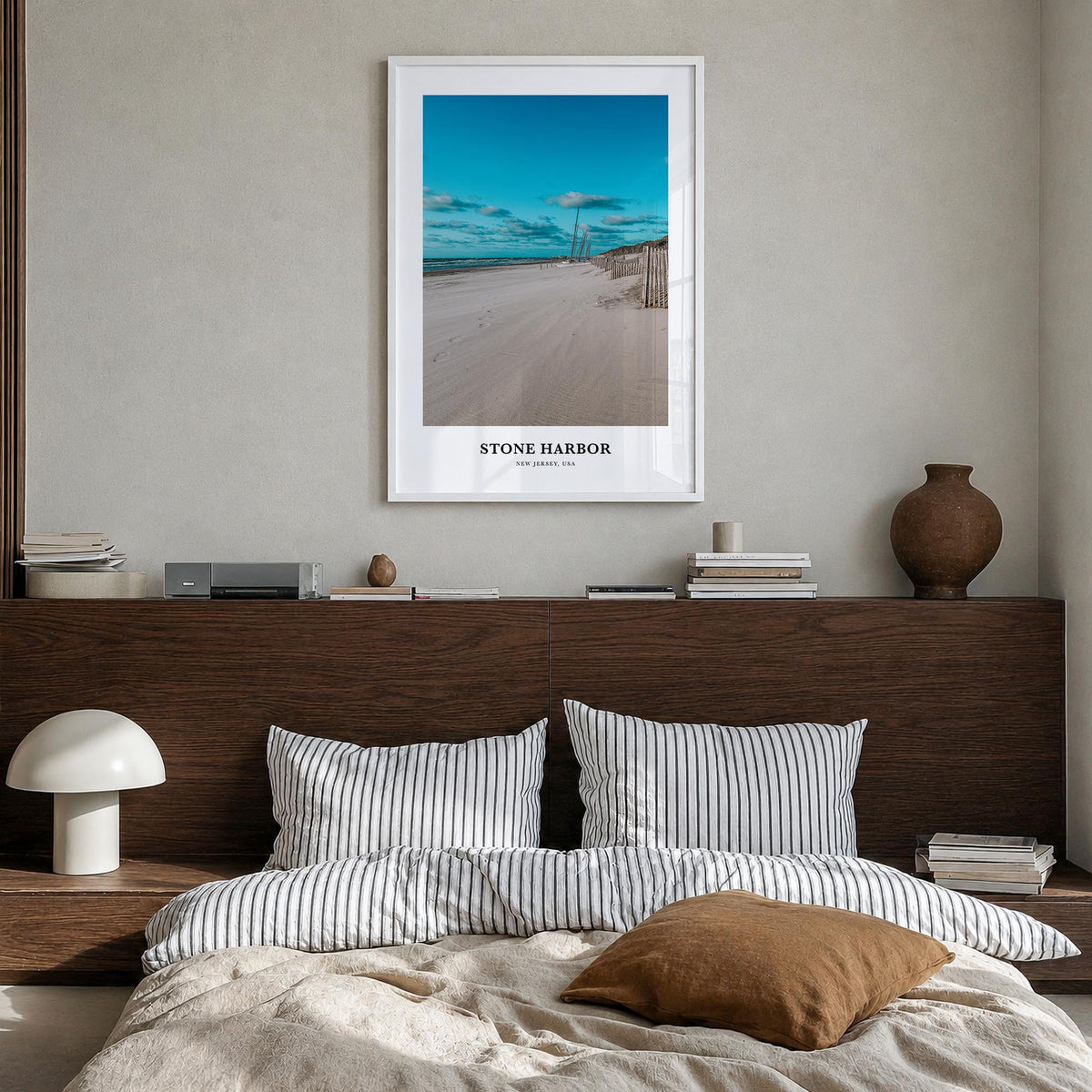 Stone Harbor colorful classic poster of New Jersey, USA – vertical wall art in white wood frame, hanging on wall