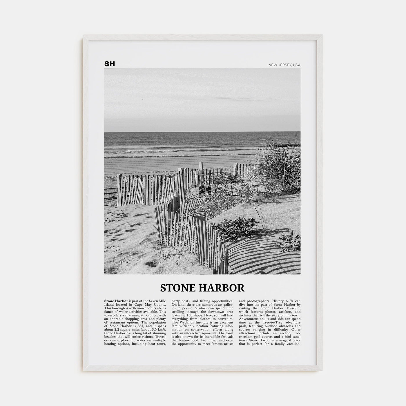 Stone Harbor Poster White Wood / 8x12 in Nbourhood Travel B&W Poster