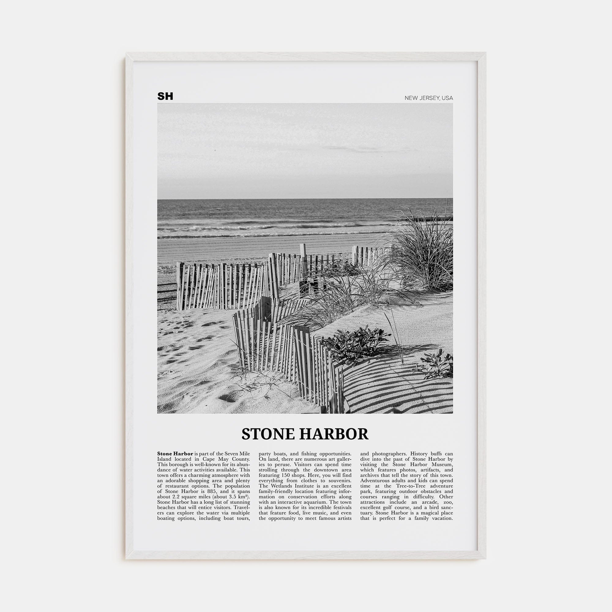 Stone Harbor Poster White Wood / 8x12 in Nbourhood Travel B&W Poster