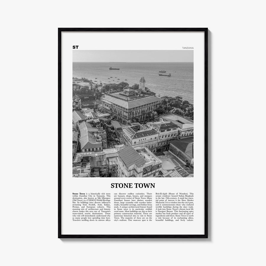Stone Town black & white newspaper poster of Tanzania – vertical wall art, unframed print shown in interior mockup