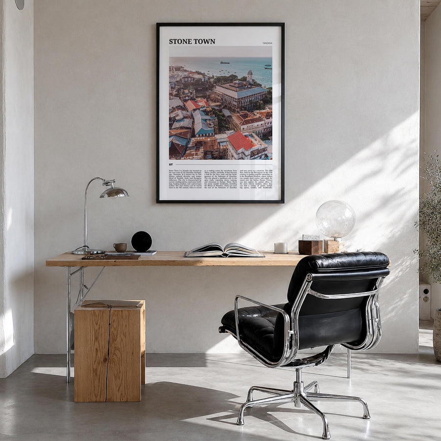 Stone Town colorful travel poster of Tanzania – vertical wall art in black wood frame, hanging on wall