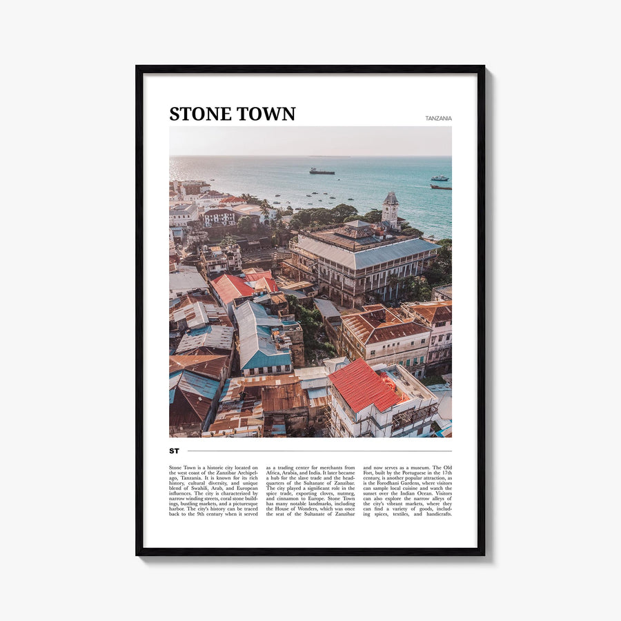 Stone Town colorful travel poster of Tanzania – vertical wall art, unframed print shown in interior mockup