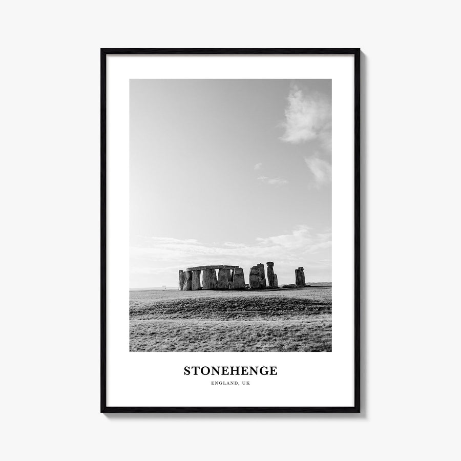 Stonehenge black & white classic poster of England, UK – vertical wall art, unframed print shown in interior mockup