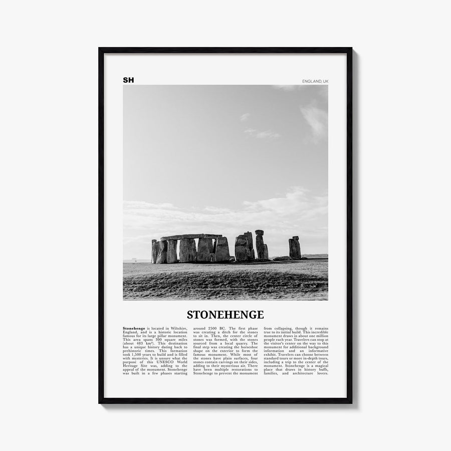 Stonehenge black & white newspaper poster of England, UK – vertical wall art, unframed print shown in interior mockup