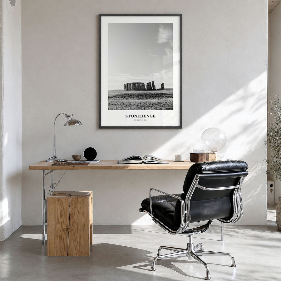 Stonehenge Classic Poster in a black wood frame, hanging in a bright home office