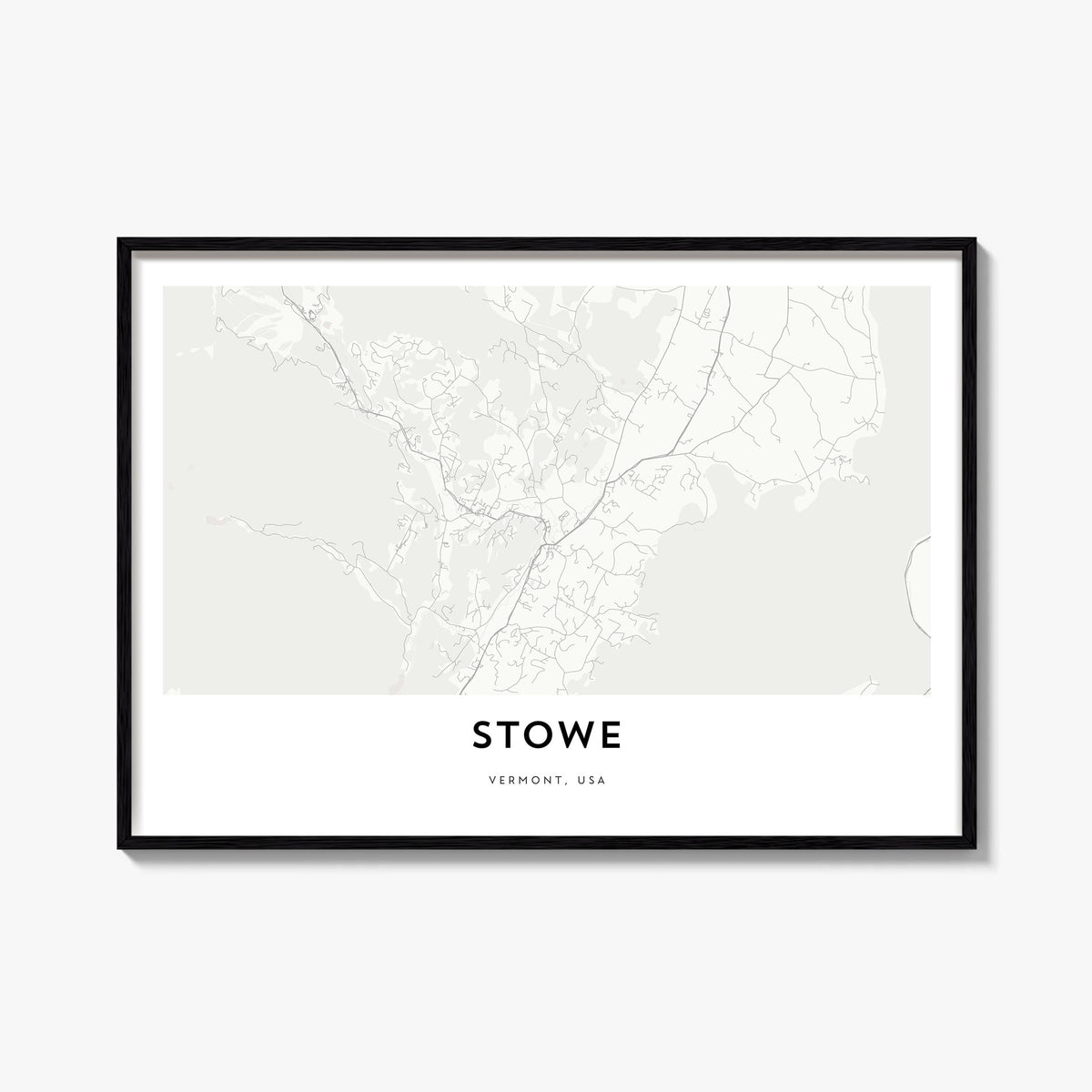 Stowe black & white map poster of Vermont, USA – horizontal wall art, unframed print shown in interior mockup