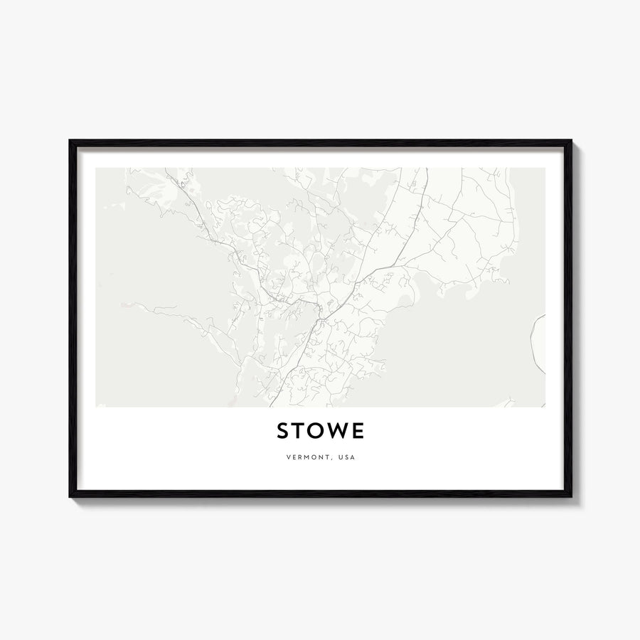 Stowe black & white map poster of Vermont, USA – horizontal wall art, unframed print shown in interior mockup