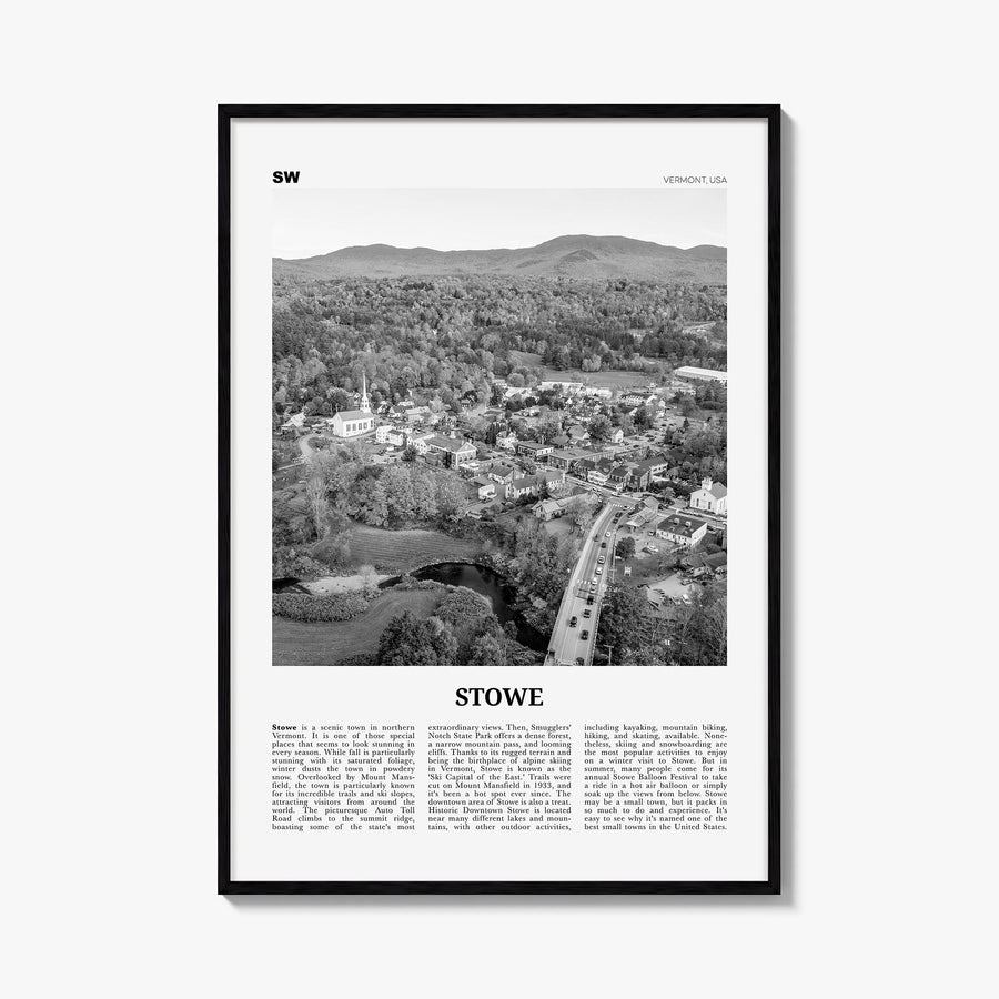 Stowe no. 1 black & white newspaper poster of Vermont, USA – vertical wall art, unframed print shown in interior mockup