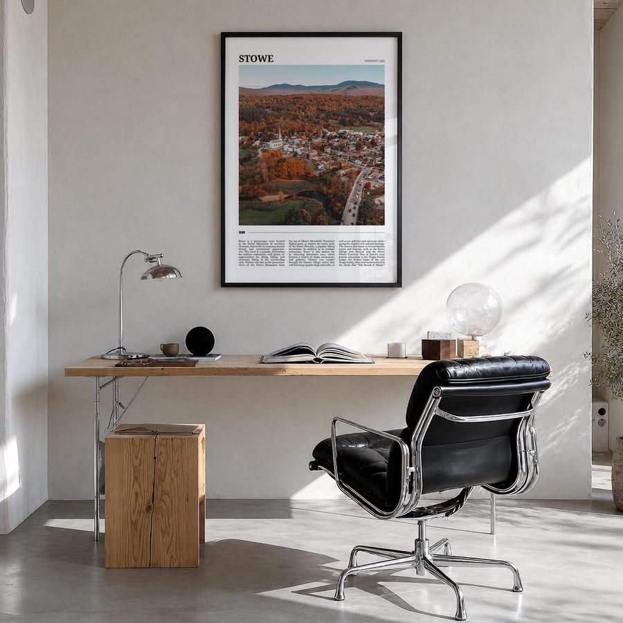 Stowe no. 1 colorful travel poster of Vermont, USA – vertical wall art in black wood frame, hanging on wall