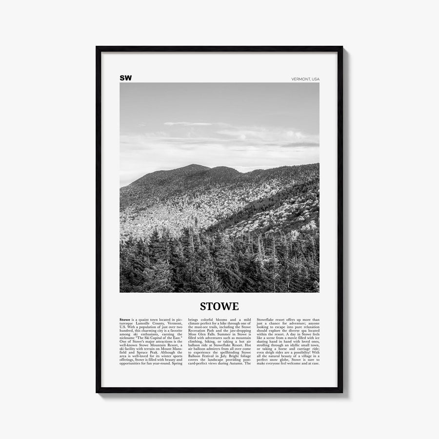 Stowe no. 2 black & white newspaper poster of Vermont, USA – vertical wall art, unframed print shown in interior mockup