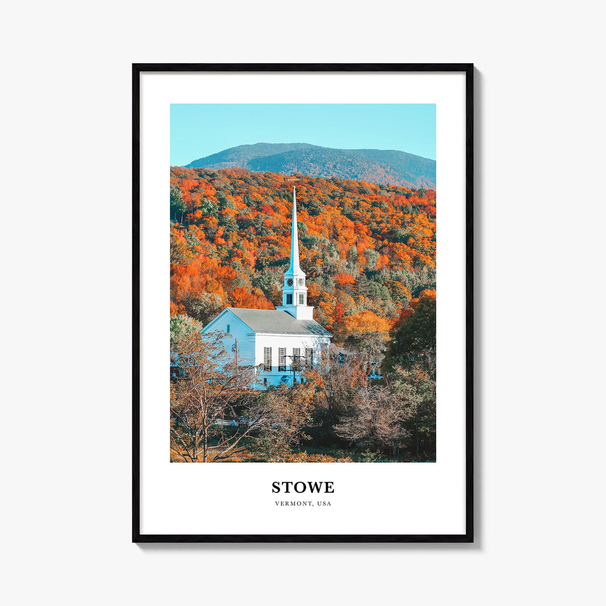 Stowe no. 2 colorful classic poster of Vermont, USA – vertical wall art, unframed print shown in interior mockup
