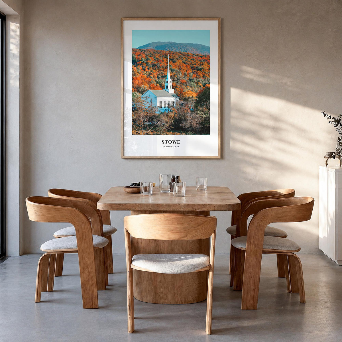 Stowe no. 2 colorful classic poster of Vermont, USA – vertical wall art in natural wood frame, hanging on wall