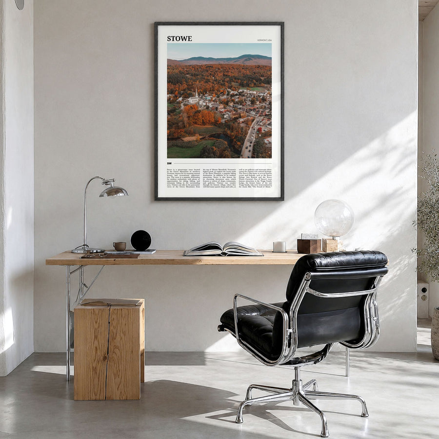 Stowe Travel No 1 Poster in a black wood frame, hanging in a bright home office