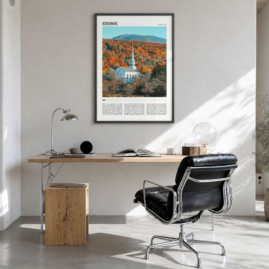 Stowe Travel No 2 Poster in a black wood frame, hanging in a bright home office