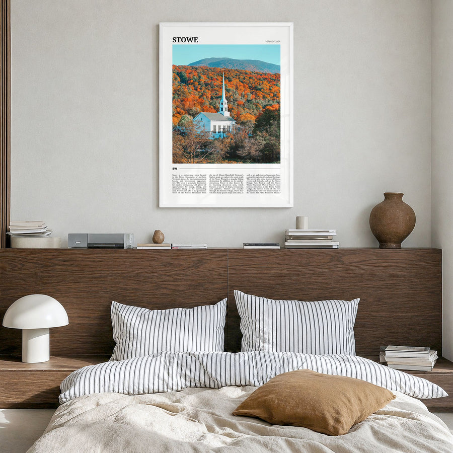 Stowe Travel No 2 Poster in a white wood frame, hanging in a bedroom
