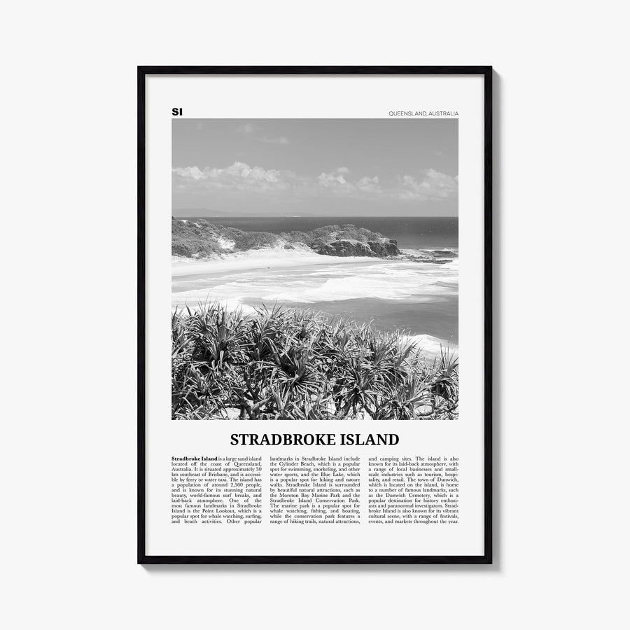 Stradbroke Island black & white newspaper poster of Australia – vertical wall art, unframed print shown in interior mockup