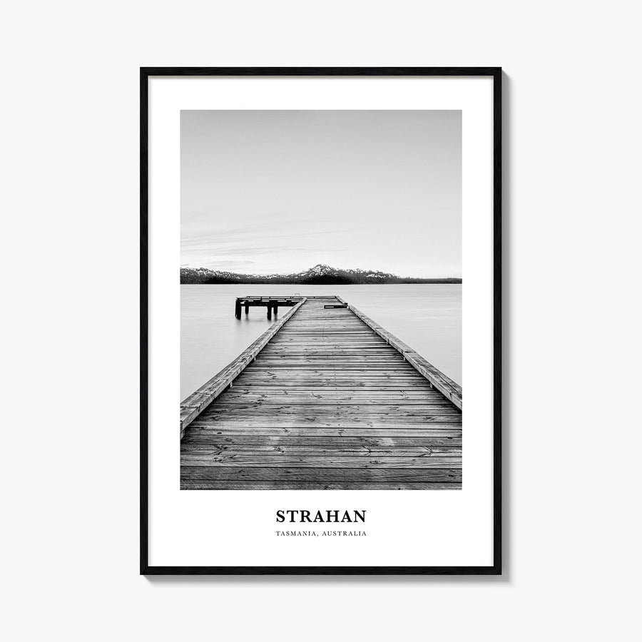 Strahan black & white classic poster of Australia – vertical wall art, unframed print shown in interior mockup