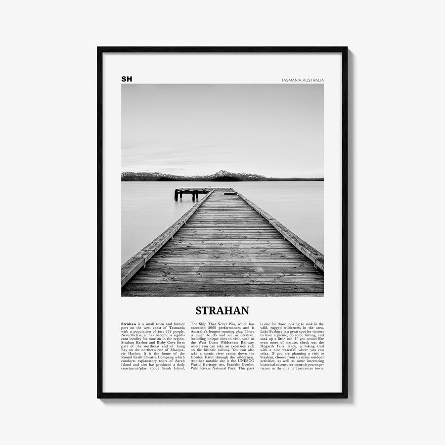 Strahan black & white newspaper poster of Australia – vertical wall art, unframed print shown in interior mockup