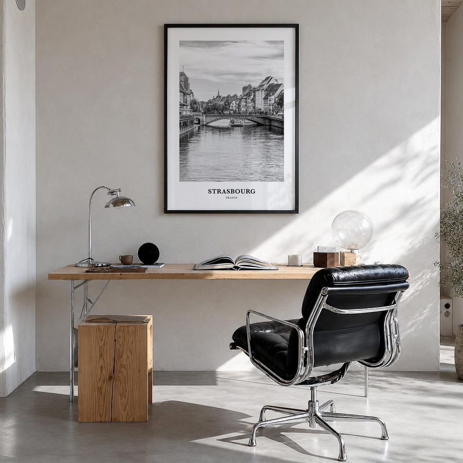 Strasbourg black & white classic poster of France – vertical wall art in black wood frame, hanging on wall