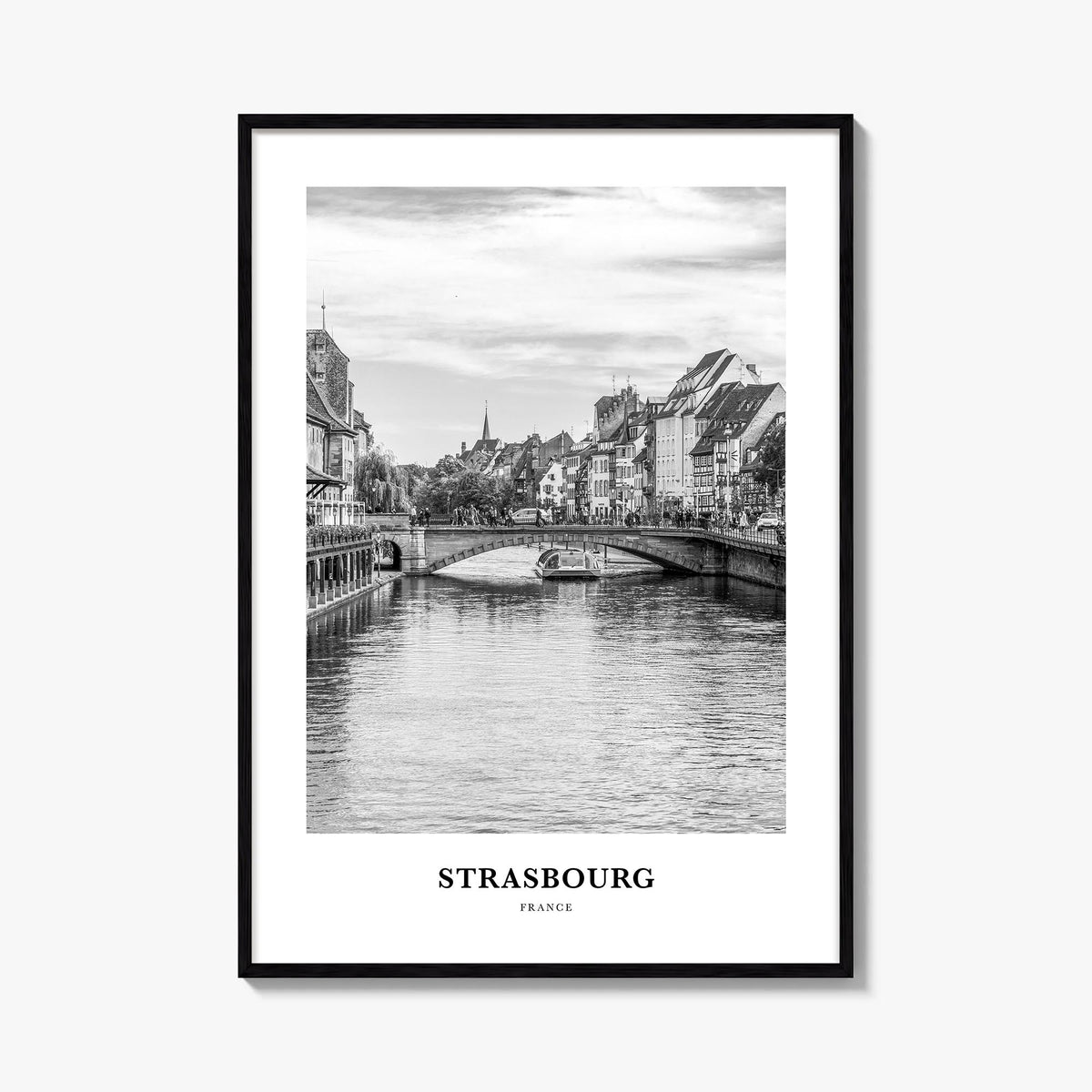Strasbourg black & white classic poster of France – vertical wall art, unframed print shown in interior mockup