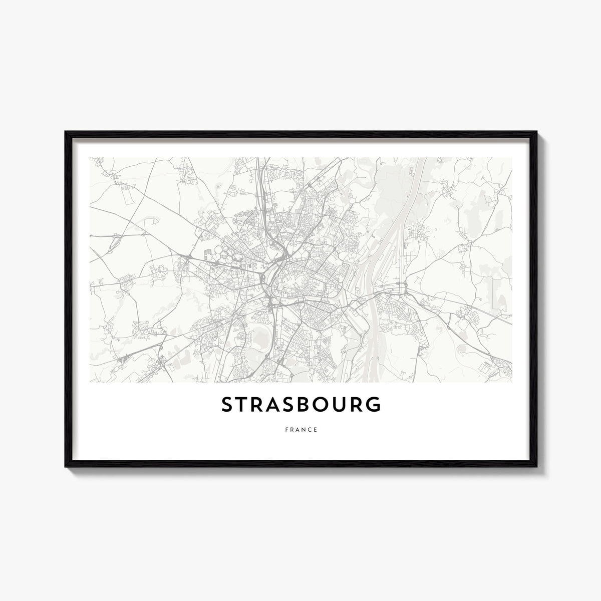 Strasbourg black & white map poster of France – horizontal wall art, unframed print shown in interior mockup