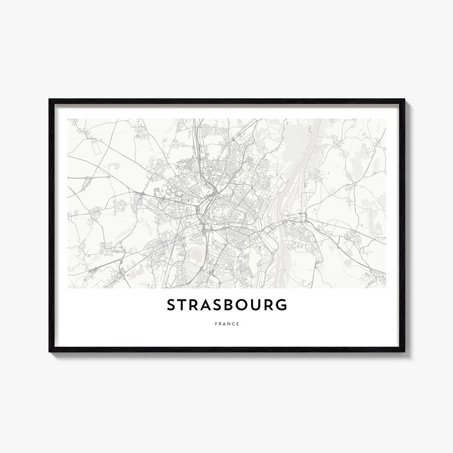 Strasbourg black & white map poster of France – horizontal wall art, unframed print shown in interior mockup