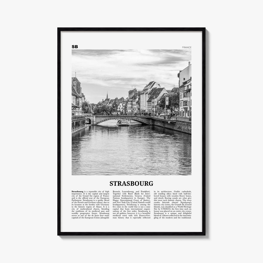 Strasbourg black & white newspaper poster of France – vertical wall art, unframed print shown in interior mockup