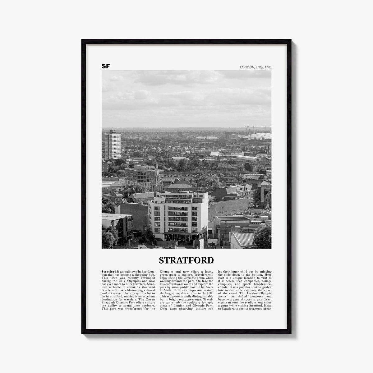 Stratford, London black & white newspaper poster of United Kingdom – vertical wall art, unframed print shown in interior mock