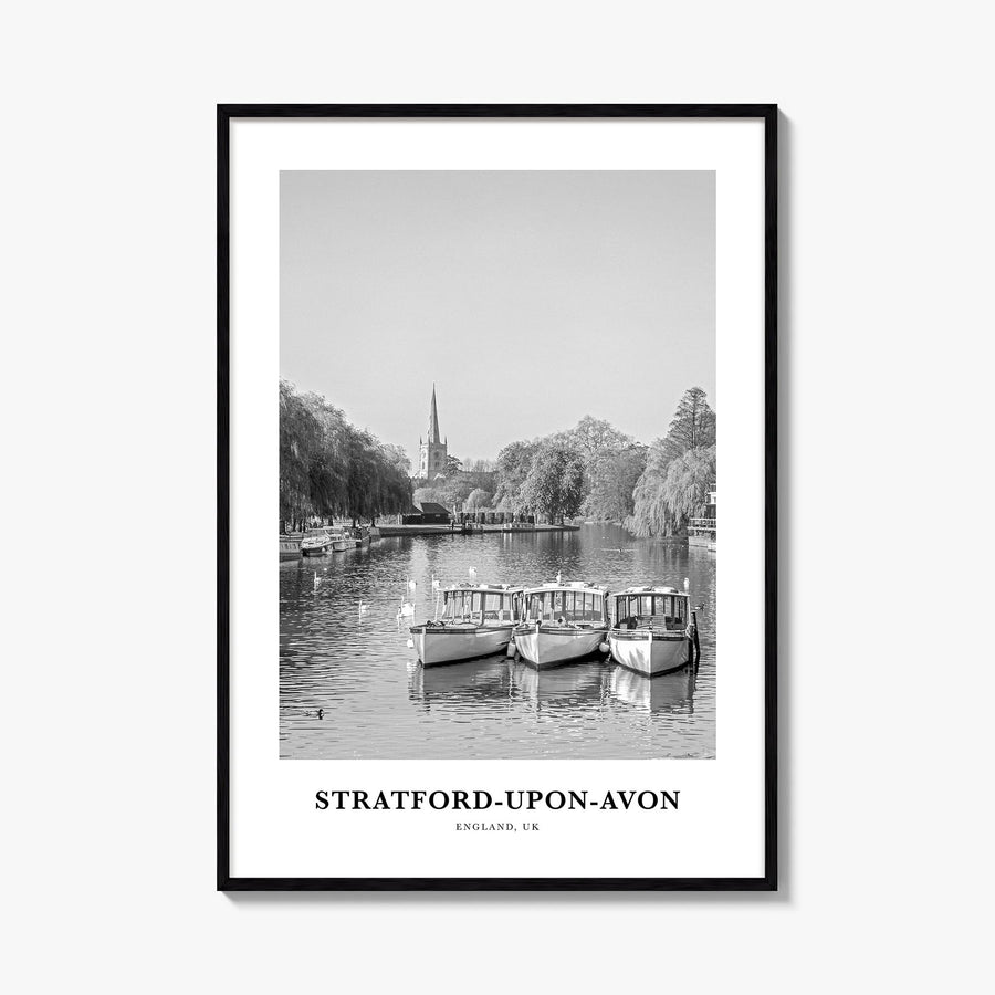 Stratford-upon-Avon black & white classic poster of England, UK – vertical wall art, unframed print shown in interior mockup