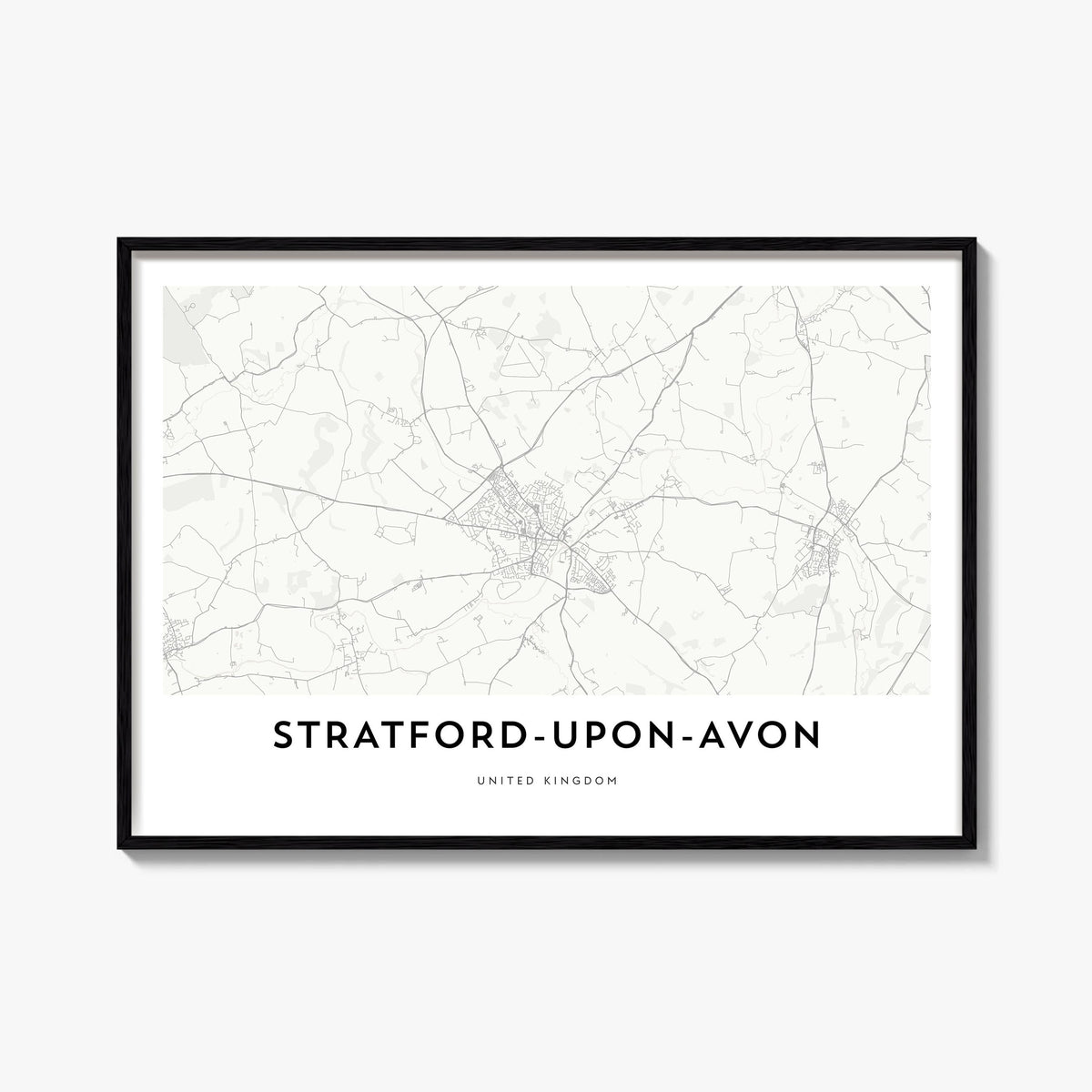 Stratford-upon-Avon black & white map poster of England, UK – horizontal wall art, unframed print shown in interior mockup