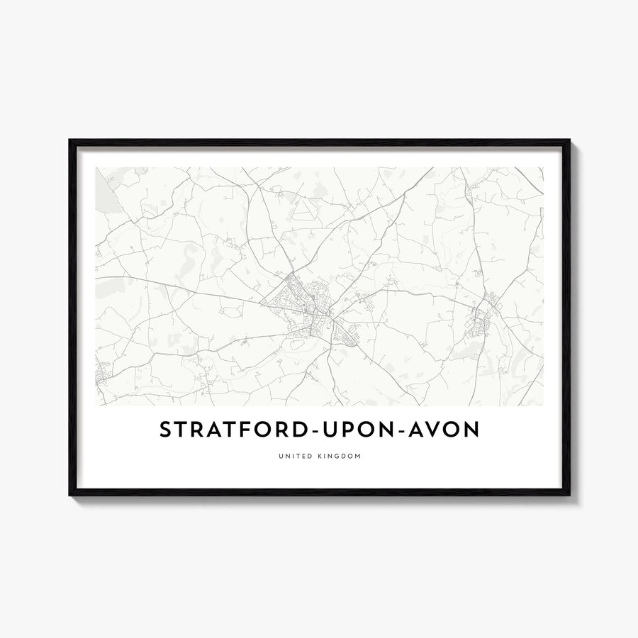 Stratford-upon-Avon black & white map poster of England, UK – horizontal wall art, unframed print shown in interior mockup