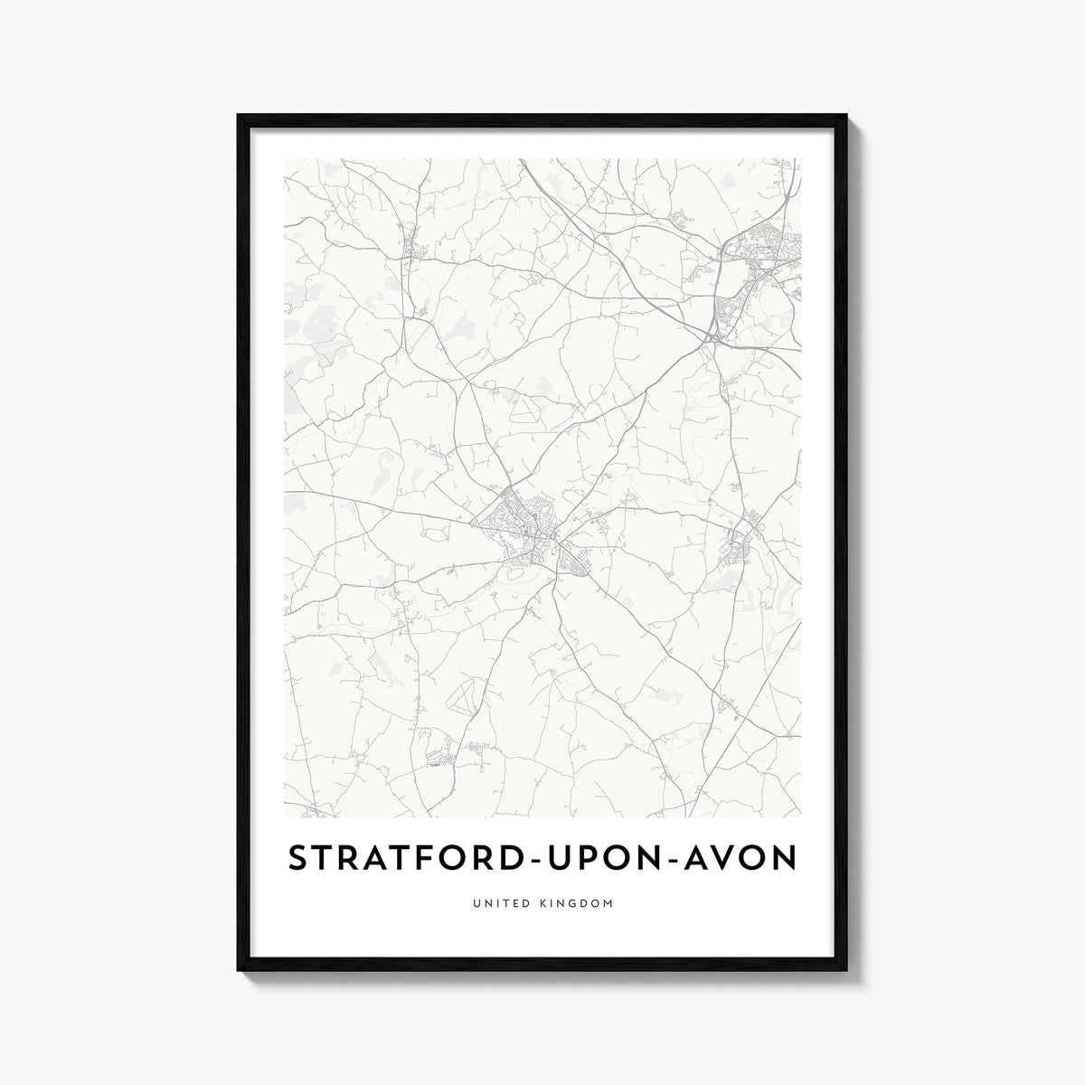 Stratford-upon-Avon black & white map poster of England, UK – vertical wall art, unframed print shown in interior mockup