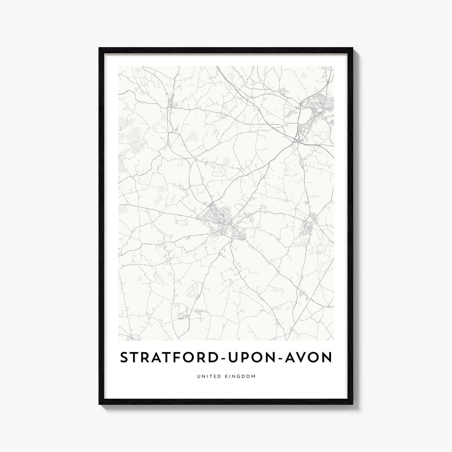 Stratford-upon-Avon black & white map poster of England, UK – vertical wall art, unframed print shown in interior mockup