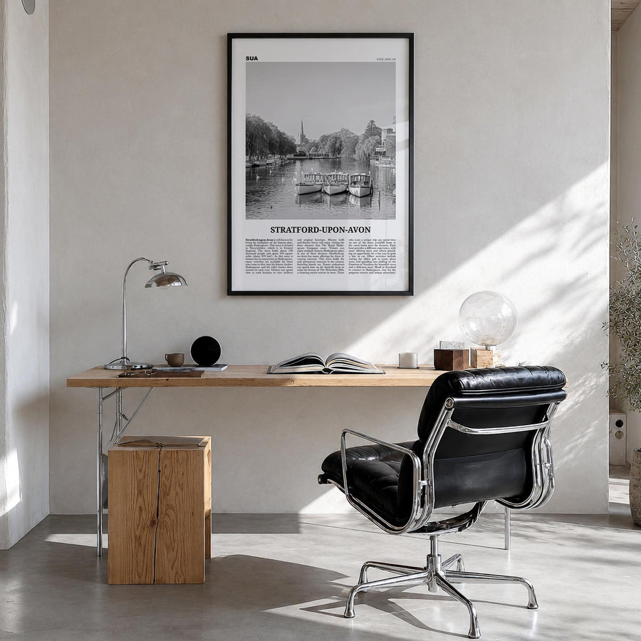 Stratford-upon-Avon black & white newspaper poster of England, UK – vertical wall art in black wood frame, hanging on wall
