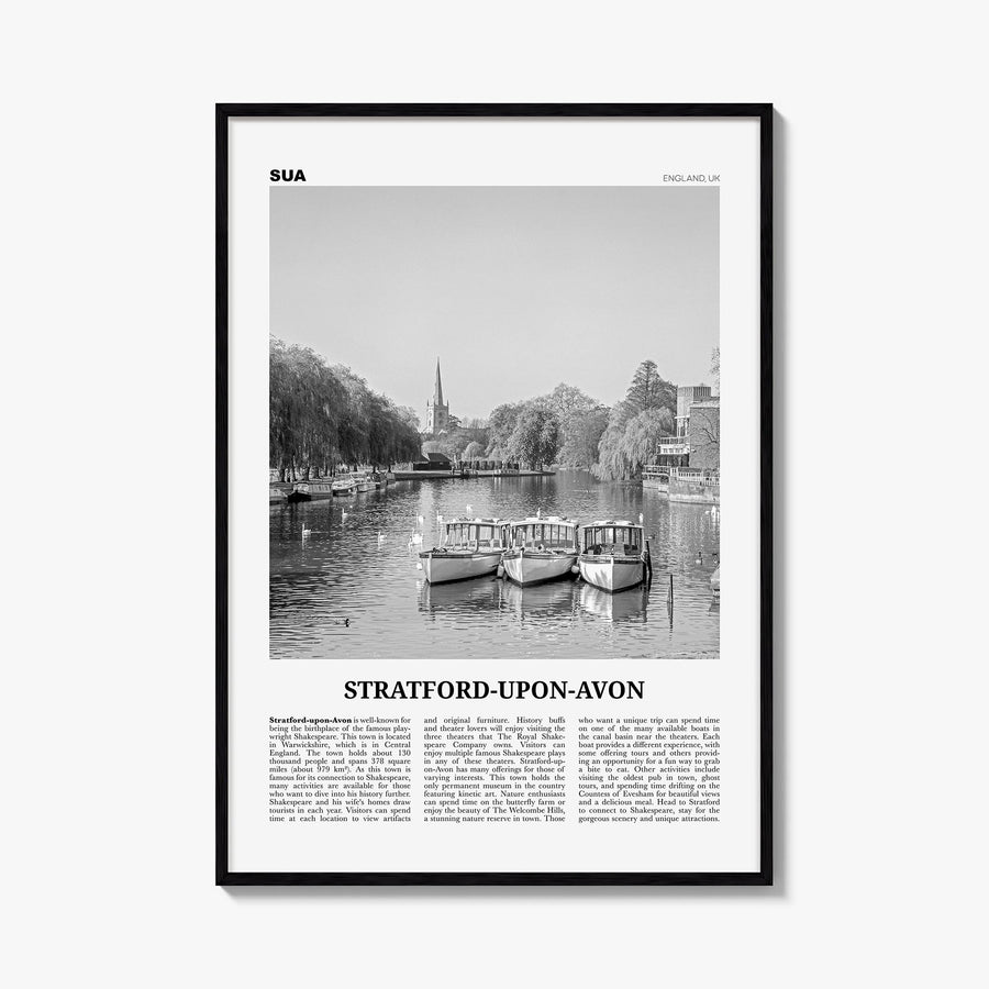 Stratford-upon-Avon black & white newspaper poster of England, UK – vertical wall art, unframed print shown in interior mocku